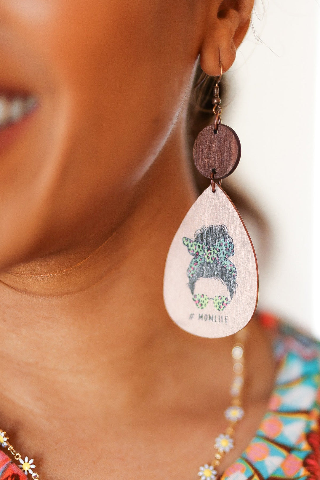 Green Cheetah "#MOMLIFE" Wooden Dangle Earrings-ICON-One Size Fits All-[option4]-[option5]-[option6]-[option7]-[option8]-Shop-Boutique-Clothing-for-Women-Online