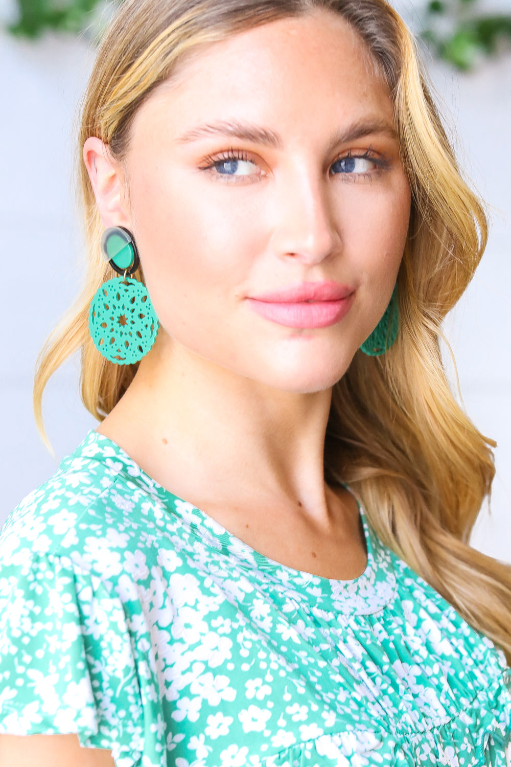Teal Crochet Carved Disc Dangle Earrings-Influence-One Size Fits All-[option4]-[option5]-[option6]-[option7]-[option8]-Shop-Boutique-Clothing-for-Women-Online