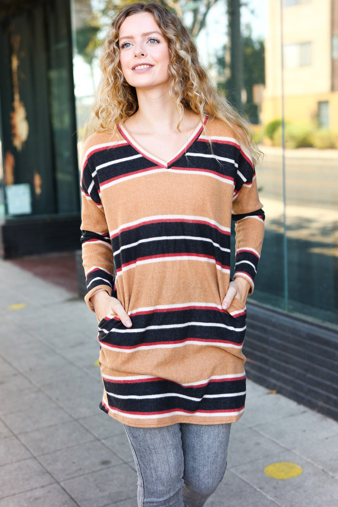 Casual Chic Taupe Hacci Stripe Pocketed Tunic/Dress