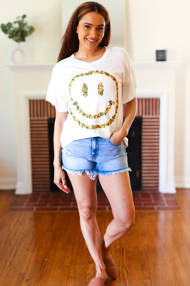 Live For Today White Floral Smiley Face Flutter Sleeve Tee-Red Lolly-[option4]-[option5]-[option6]-[option7]-[option8]-Shop-Boutique-Clothing-for-Women-Online