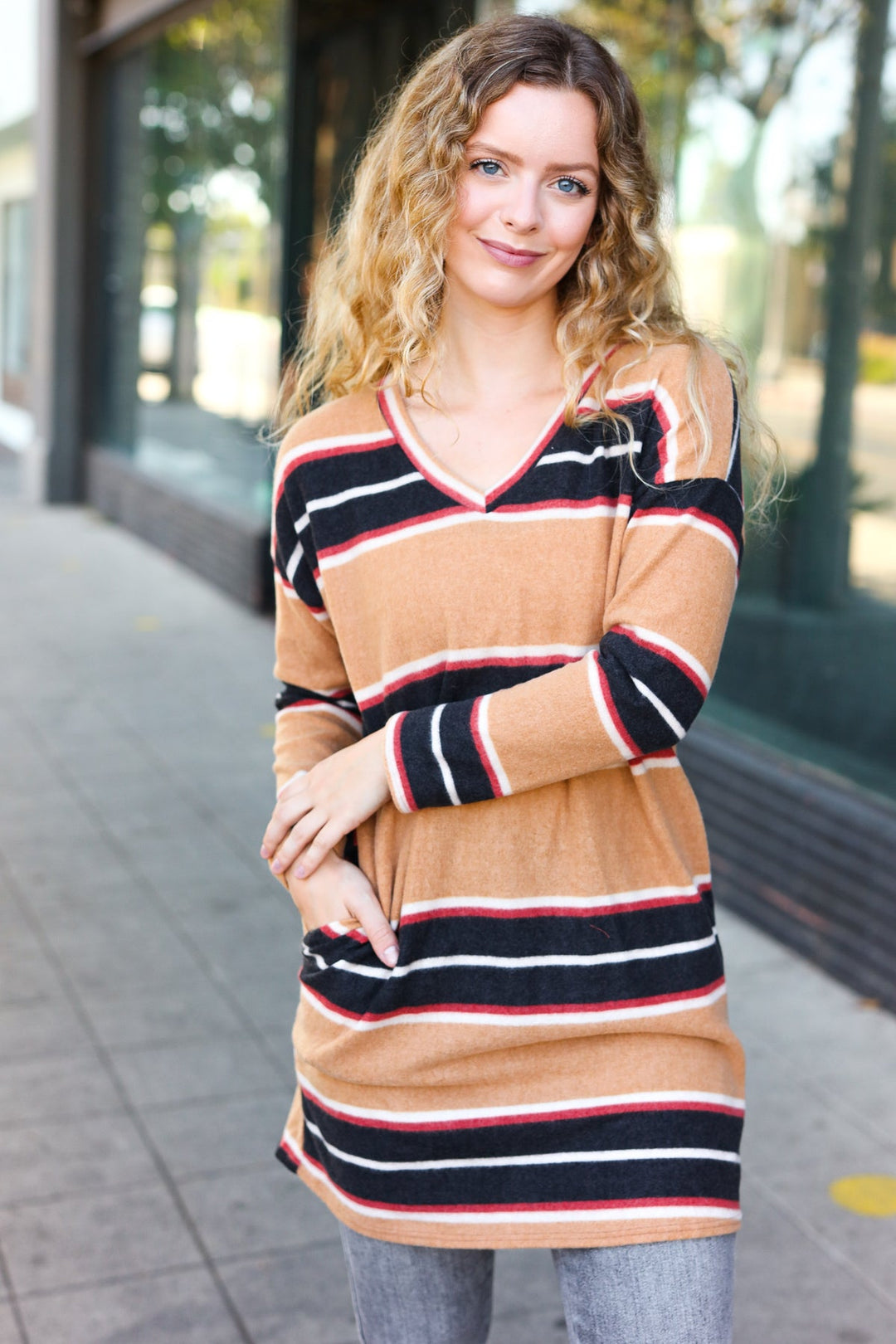 Casual Chic Taupe Hacci Stripe Pocketed Tunic/Dress-Beeson River-[option4]-[option5]-[option6]-[option7]-[option8]-Shop-Boutique-Clothing-for-Women-Online