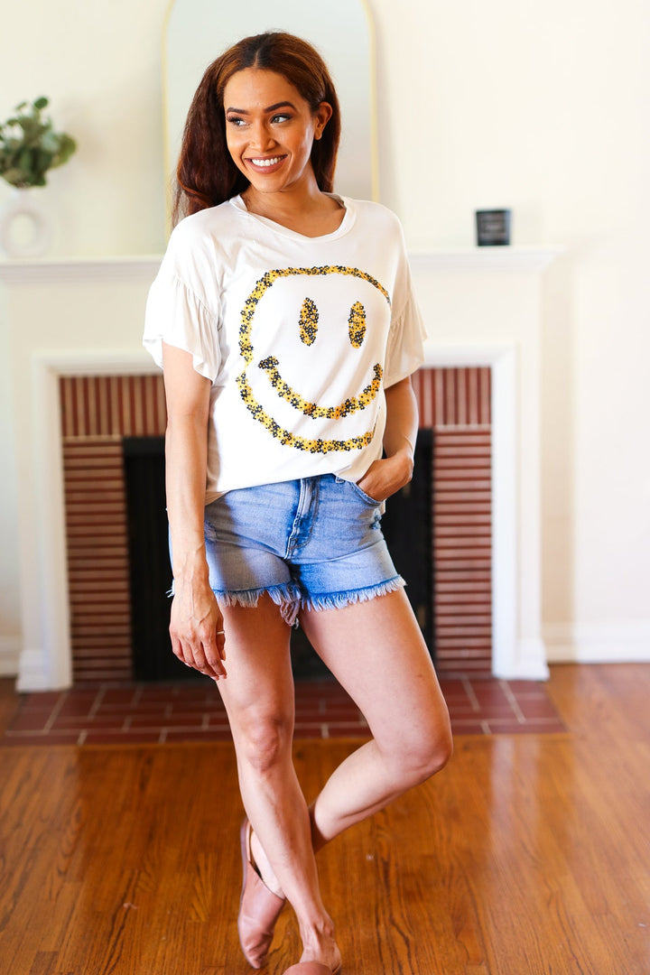 Live For Today White Floral Smiley Face Flutter Sleeve Tee-Red Lolly-[option4]-[option5]-[option6]-[option7]-[option8]-Shop-Boutique-Clothing-for-Women-Online