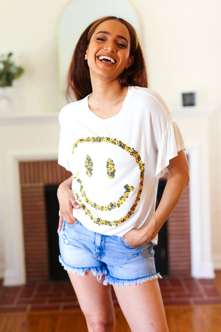 Live For Today White Floral Smiley Face Flutter Sleeve Tee-Red Lolly-[option4]-[option5]-[option6]-[option7]-[option8]-Shop-Boutique-Clothing-for-Women-Online