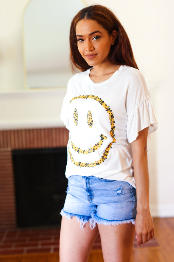 Live For Today White Floral Smiley Face Flutter Sleeve Tee-Red Lolly-[option4]-[option5]-[option6]-[option7]-[option8]-Shop-Boutique-Clothing-for-Women-Online