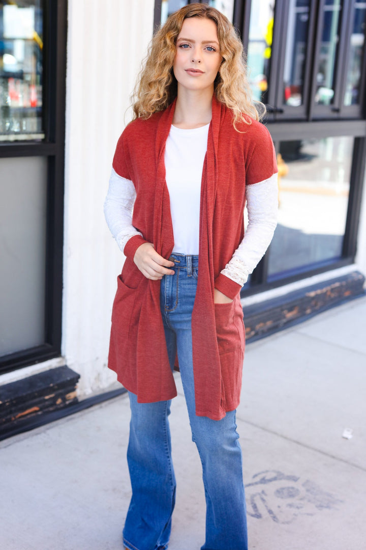 Casual Days Rust Lace Sleeve Front Pocket Hacci Cardigan-Beeson River-[option4]-[option5]-[option6]-[option7]-[option8]-Shop-Boutique-Clothing-for-Women-Online