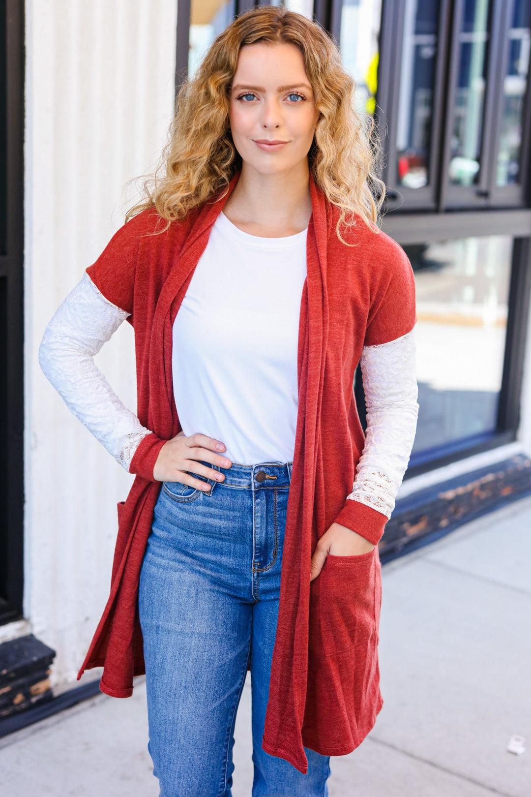 Casual Days Rust Lace Sleeve Front Pocket Hacci Cardigan-Beeson River-[option4]-[option5]-[option6]-[option7]-[option8]-Shop-Boutique-Clothing-for-Women-Online