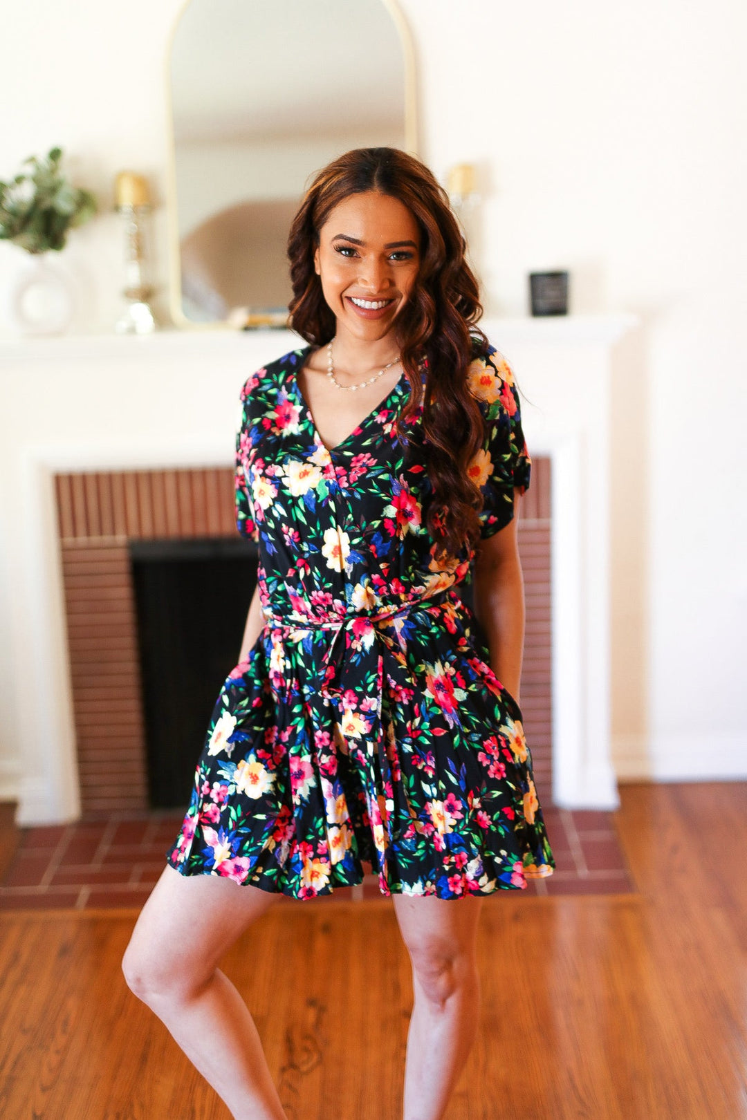 Multicolor Floral Surplice Short Sleeve Pocketed Romper-Haptics-[option4]-[option5]-[option6]-[option7]-[option8]-Shop-Boutique-Clothing-for-Women-Online