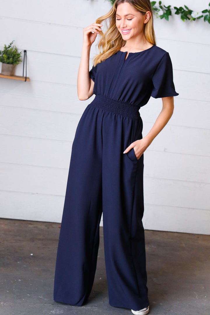 Dark Blue Smocked Waist Notch Neck Crepe Jumpsuit-Haptics-[option4]-[option5]-[option6]-[option7]-[option8]-Shop-Boutique-Clothing-for-Women-Online