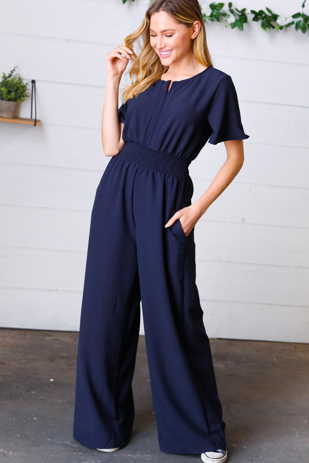 Dark Blue Smocked Waist Notch Neck Crepe Jumpsuit-Haptics-[option4]-[option5]-[option6]-[option7]-[option8]-Shop-Boutique-Clothing-for-Women-Online