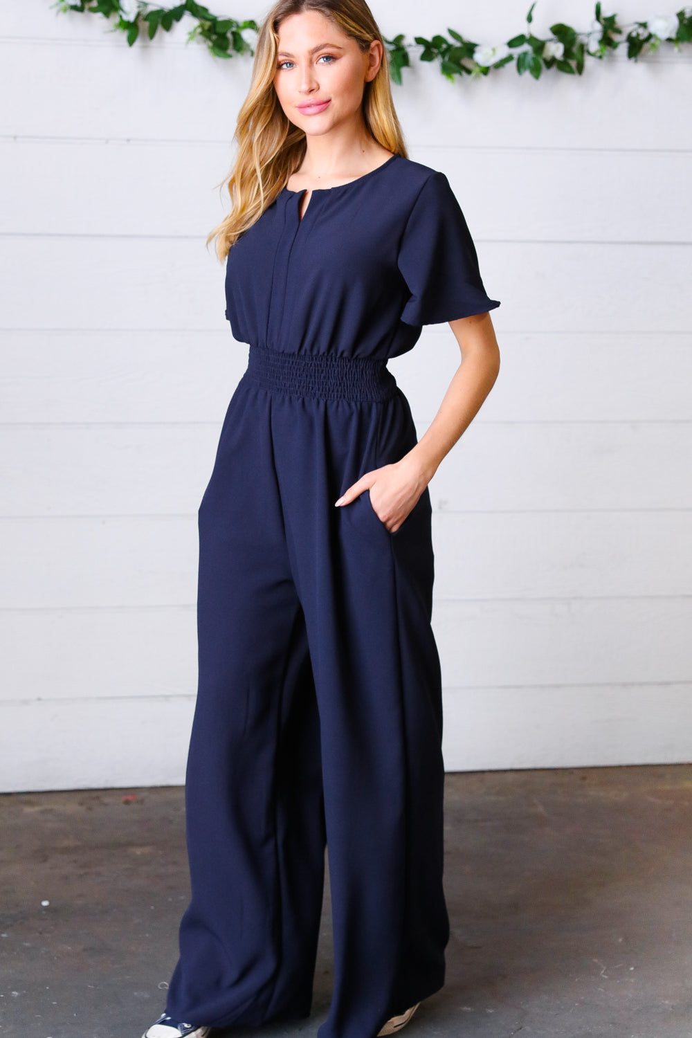 Dark Blue Smocked Waist Notch Neck Crepe Jumpsuit-Haptics-3x-[option4]-[option5]-[option6]-[option7]-[option8]-Shop-Boutique-Clothing-for-Women-Online