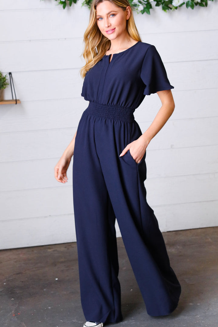 Dark Blue Smocked Waist Notch Neck Crepe Jumpsuit-Haptics-[option4]-[option5]-[option6]-[option7]-[option8]-Shop-Boutique-Clothing-for-Women-Online