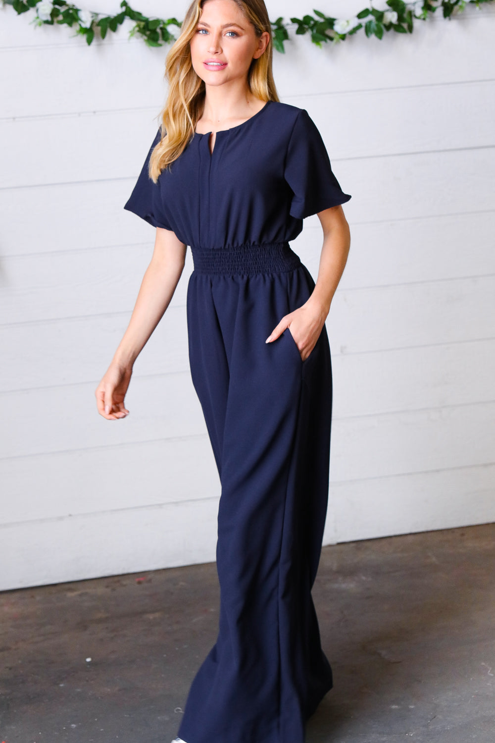 Dark Blue Smocked Waist Notch Neck Crepe Jumpsuit-Haptics-3x-[option4]-[option5]-[option6]-[option7]-[option8]-Shop-Boutique-Clothing-for-Women-Online