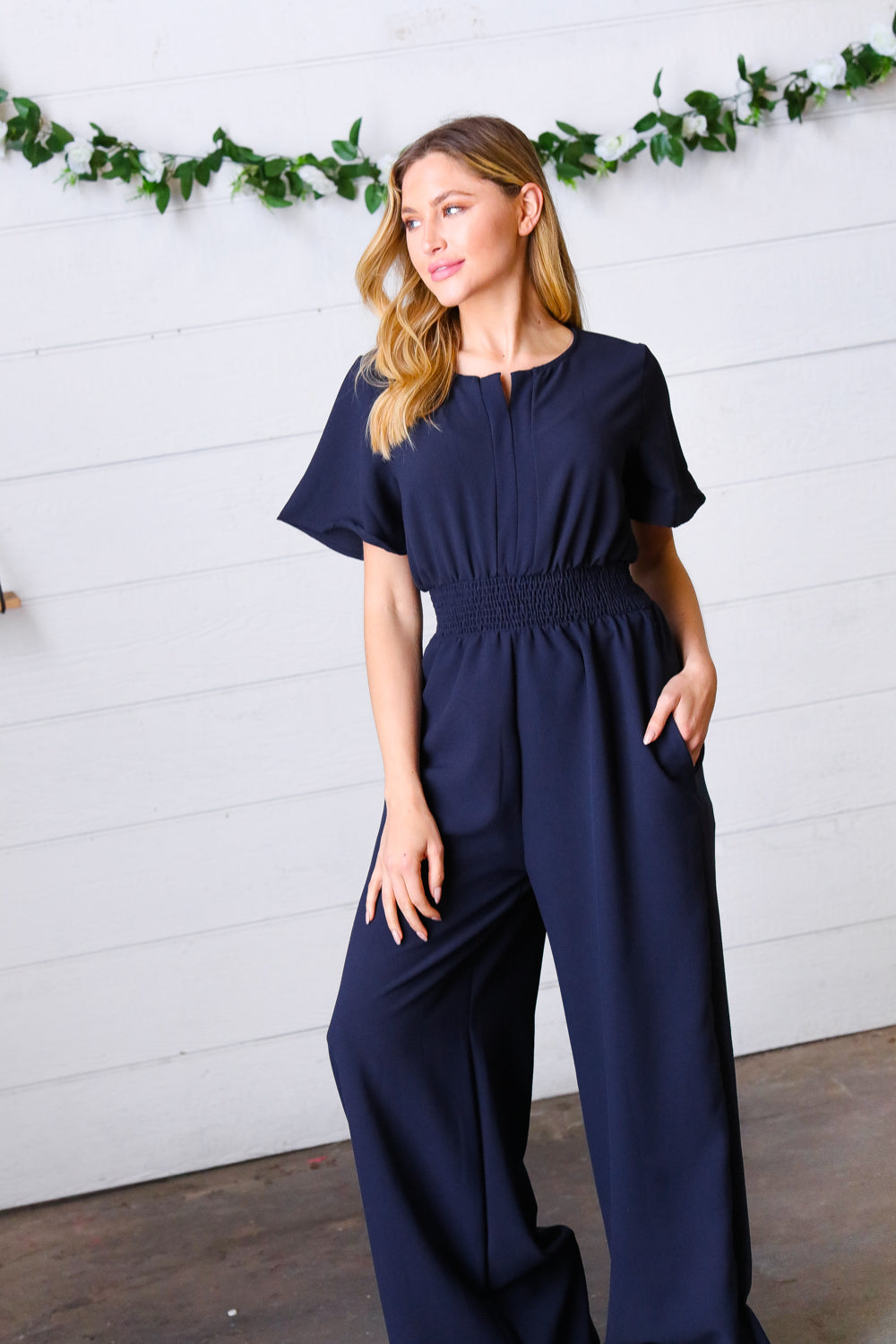 Dark Blue Smocked Waist Notch Neck Crepe Jumpsuit-Haptics-[option4]-[option5]-[option6]-[option7]-[option8]-Shop-Boutique-Clothing-for-Women-Online