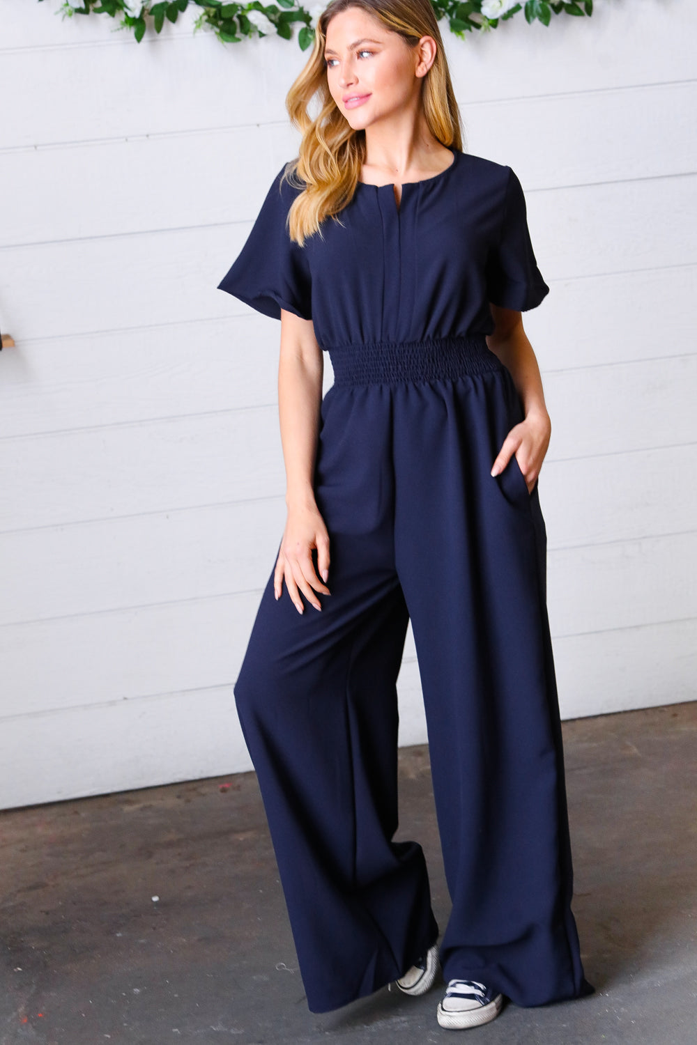 Dark Blue Smocked Waist Notch Neck Crepe Jumpsuit-Haptics-[option4]-[option5]-[option6]-[option7]-[option8]-Shop-Boutique-Clothing-for-Women-Online