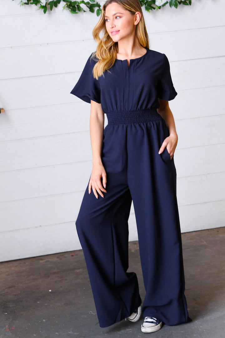 Dark Blue Smocked Waist Notch Neck Crepe Jumpsuit-Haptics-3x-[option4]-[option5]-[option6]-[option7]-[option8]-Shop-Boutique-Clothing-for-Women-Online