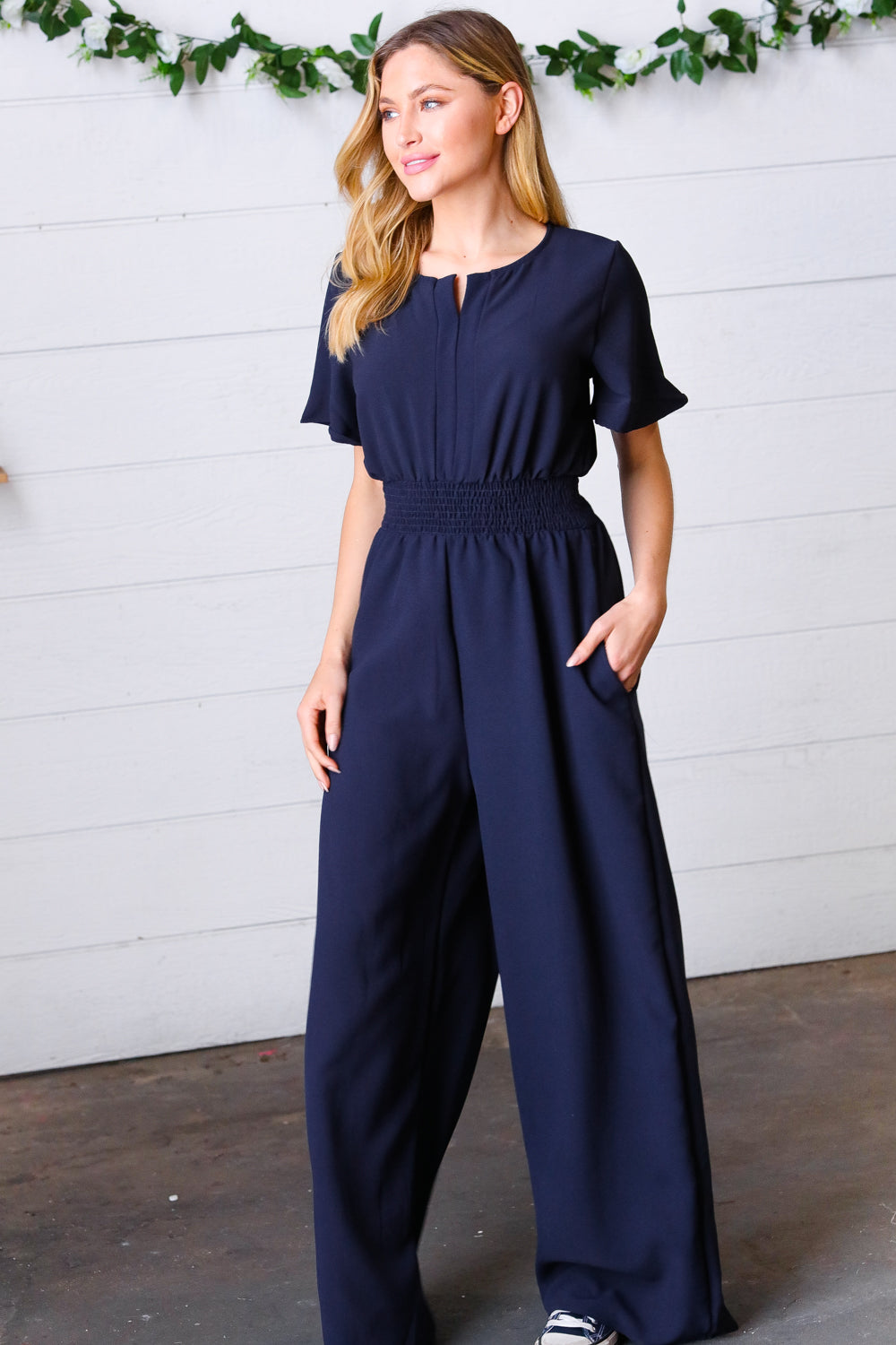 Dark Blue Smocked Waist Notch Neck Crepe Jumpsuit-Haptics-[option4]-[option5]-[option6]-[option7]-[option8]-Shop-Boutique-Clothing-for-Women-Online