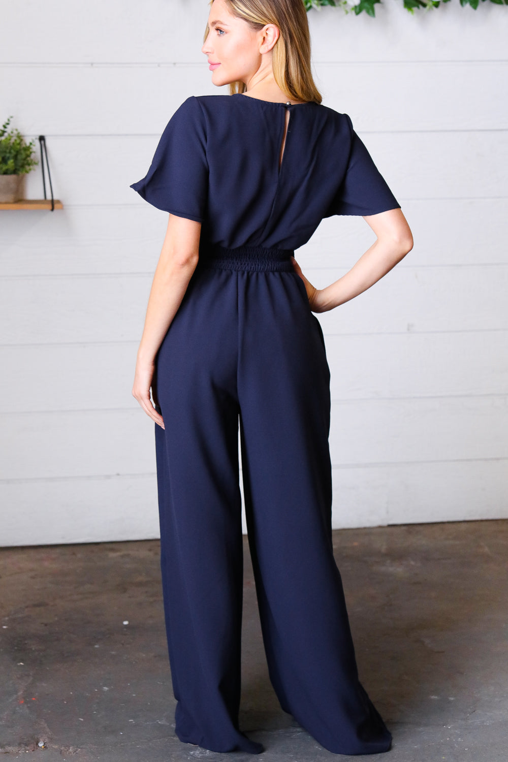 Dark Blue Smocked Waist Notch Neck Crepe Jumpsuit-Haptics-[option4]-[option5]-[option6]-[option7]-[option8]-Shop-Boutique-Clothing-for-Women-Online