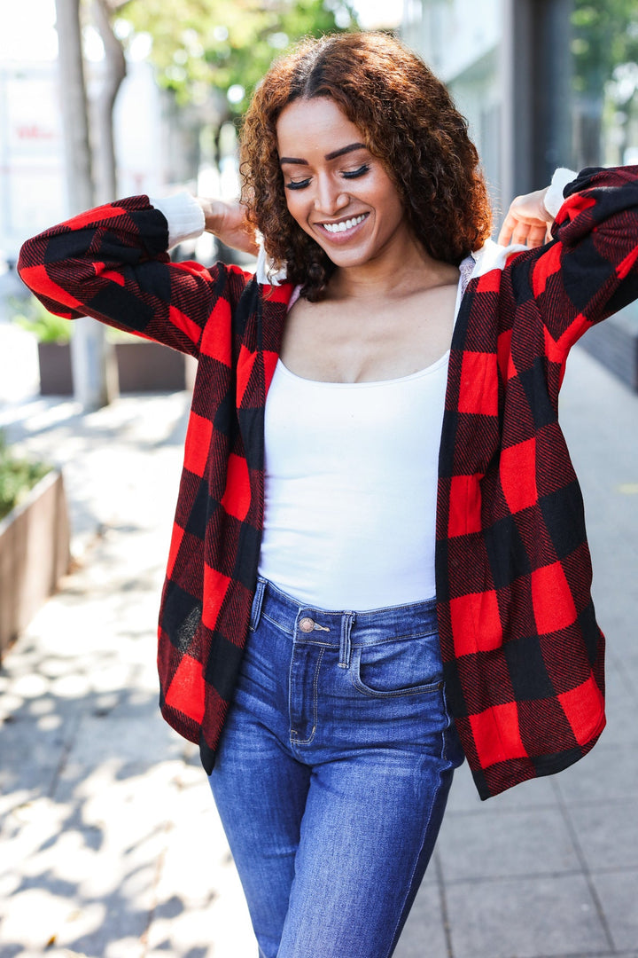 Stepping Out Red Buffalo Plaid Ribbed Hooded Sweater-Beeson River-[option4]-[option5]-[option6]-[option7]-[option8]-Shop-Boutique-Clothing-for-Women-Online