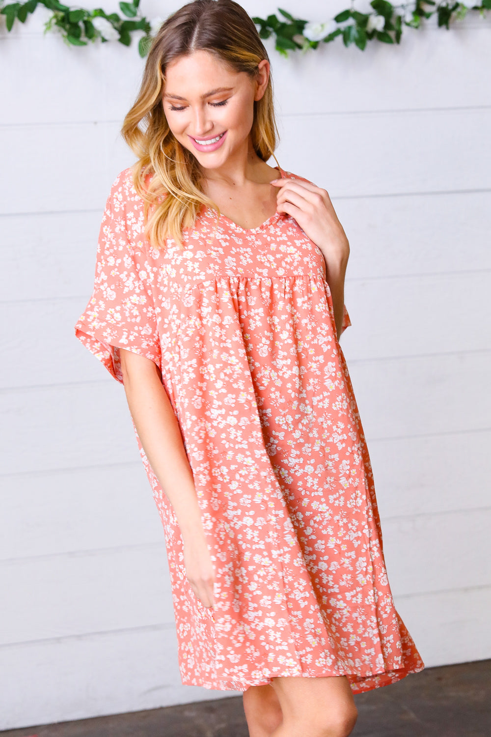 Peach Ditzy Floral Woven Dolman V Neck Dress-Haptics-[option4]-[option5]-[option6]-[option7]-[option8]-Shop-Boutique-Clothing-for-Women-Online