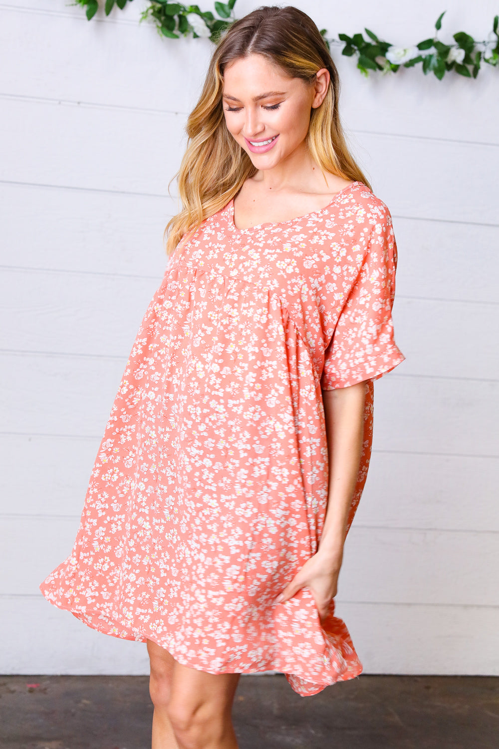 Peach Ditzy Floral Woven Dolman V Neck Dress-Haptics-[option4]-[option5]-[option6]-[option7]-[option8]-Shop-Boutique-Clothing-for-Women-Online