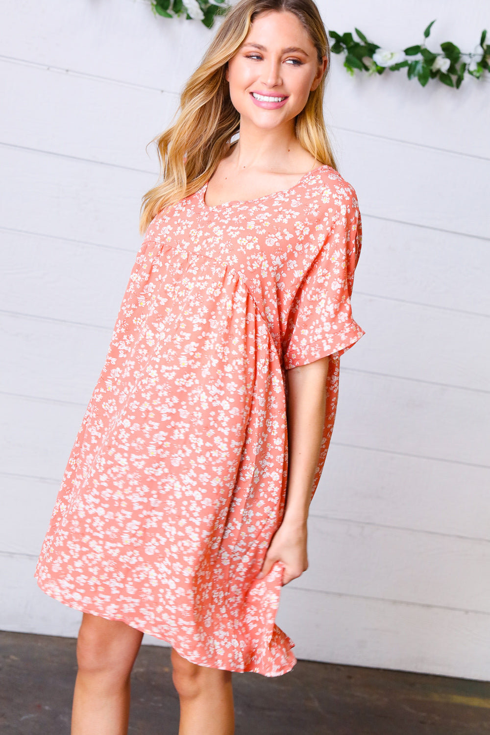 Peach Ditzy Floral Woven Dolman V Neck Dress-Haptics-[option4]-[option5]-[option6]-[option7]-[option8]-Shop-Boutique-Clothing-for-Women-Online