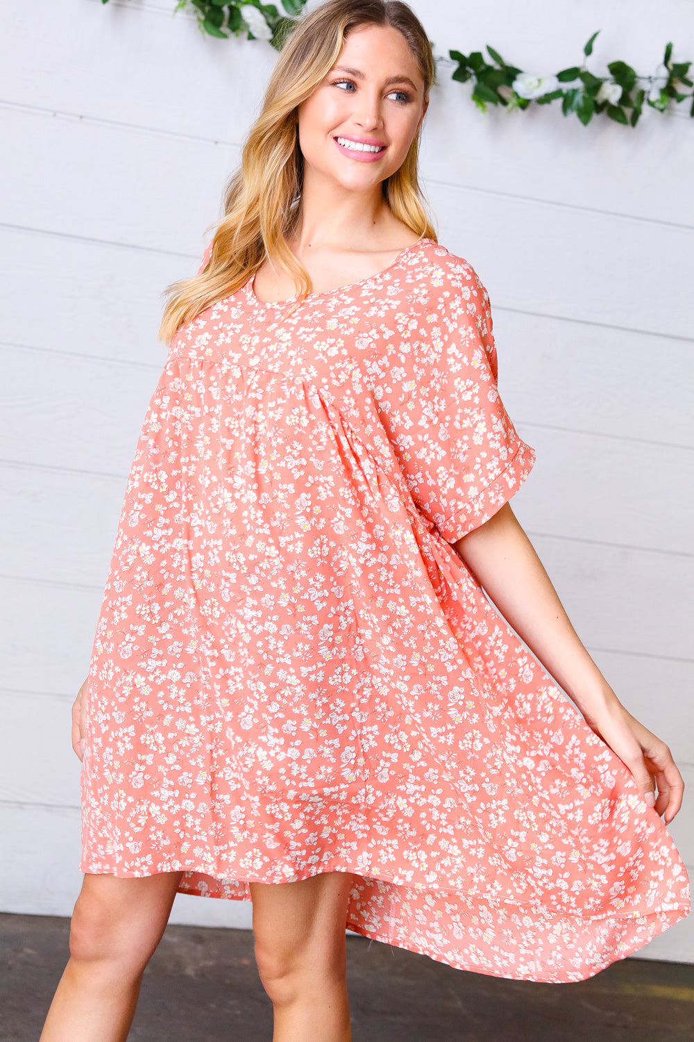 Peach Ditzy Floral Woven Dolman V Neck Dress-Haptics-[option4]-[option5]-[option6]-[option7]-[option8]-Shop-Boutique-Clothing-for-Women-Online