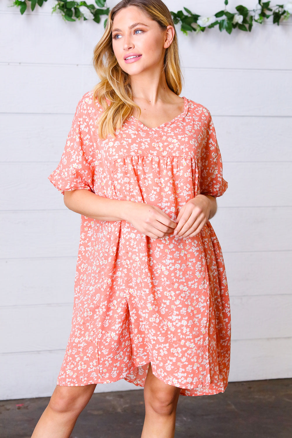 Peach Ditzy Floral Woven Dolman V Neck Dress-Haptics-[option4]-[option5]-[option6]-[option7]-[option8]-Shop-Boutique-Clothing-for-Women-Online