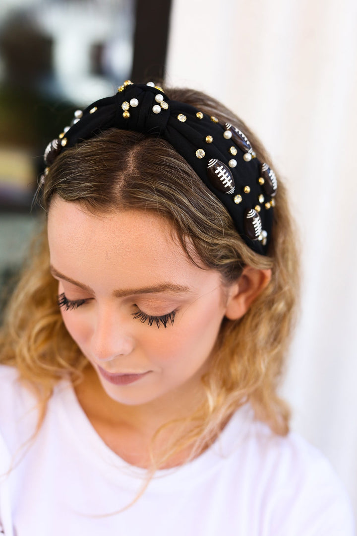 Black Stone & Gem Football Embellished Top Knot Headband-Jane Ruth-One Size Fits All-[option4]-[option5]-[option6]-[option7]-[option8]-Shop-Boutique-Clothing-for-Women-Online