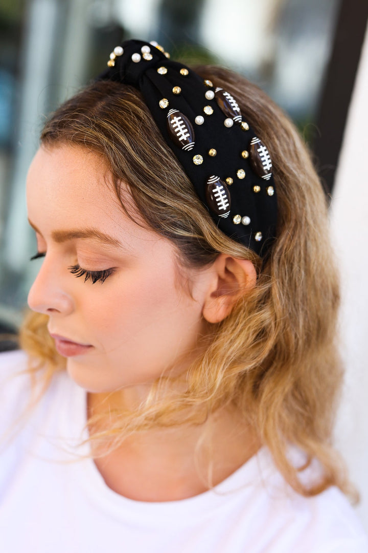 Black Stone & Gem Football Embellished Top Knot Headband-Jane Ruth-One Size Fits All-[option4]-[option5]-[option6]-[option7]-[option8]-Shop-Boutique-Clothing-for-Women-Online