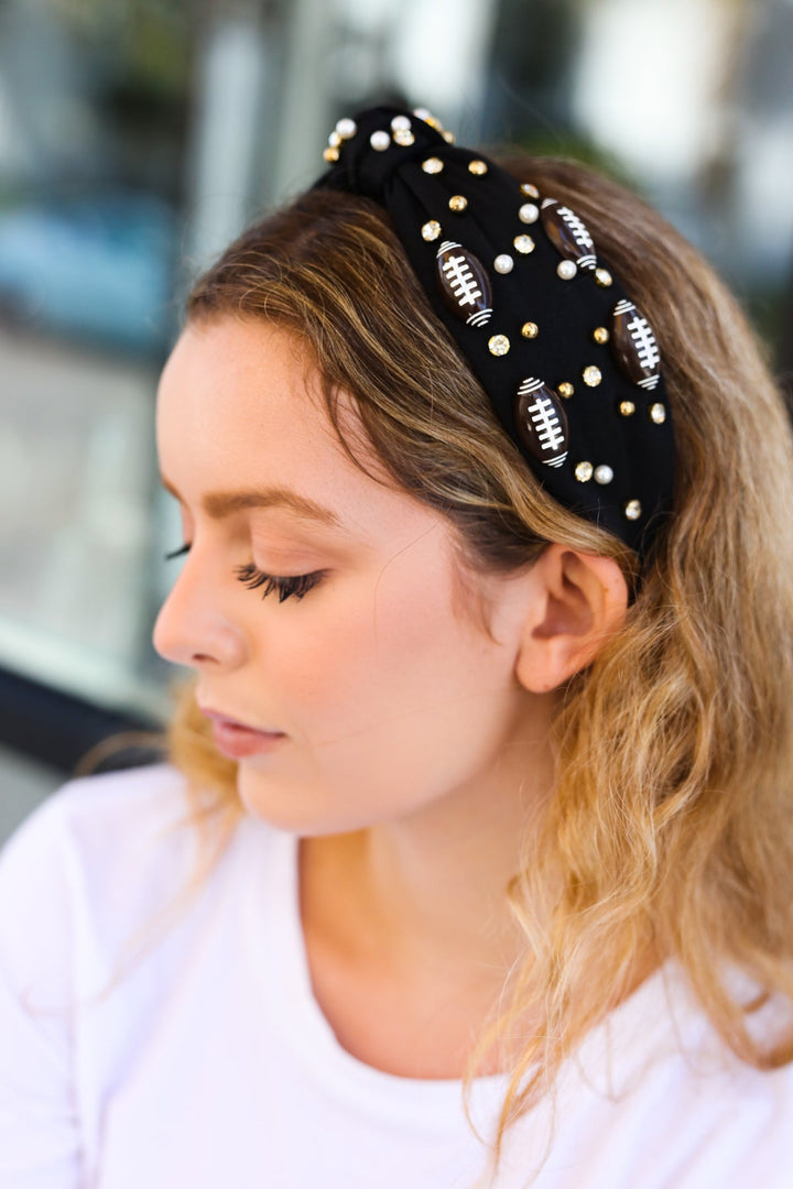 Black Stone & Gem Football Embellished Top Knot Headband-Jane Ruth-One Size Fits All-[option4]-[option5]-[option6]-[option7]-[option8]-Shop-Boutique-Clothing-for-Women-Online