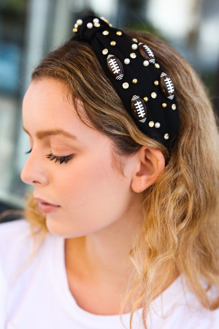 Black Stone & Gem Football Embellished Top Knot Headband-Jane Ruth-One Size Fits All-[option4]-[option5]-[option6]-[option7]-[option8]-Shop-Boutique-Clothing-for-Women-Online