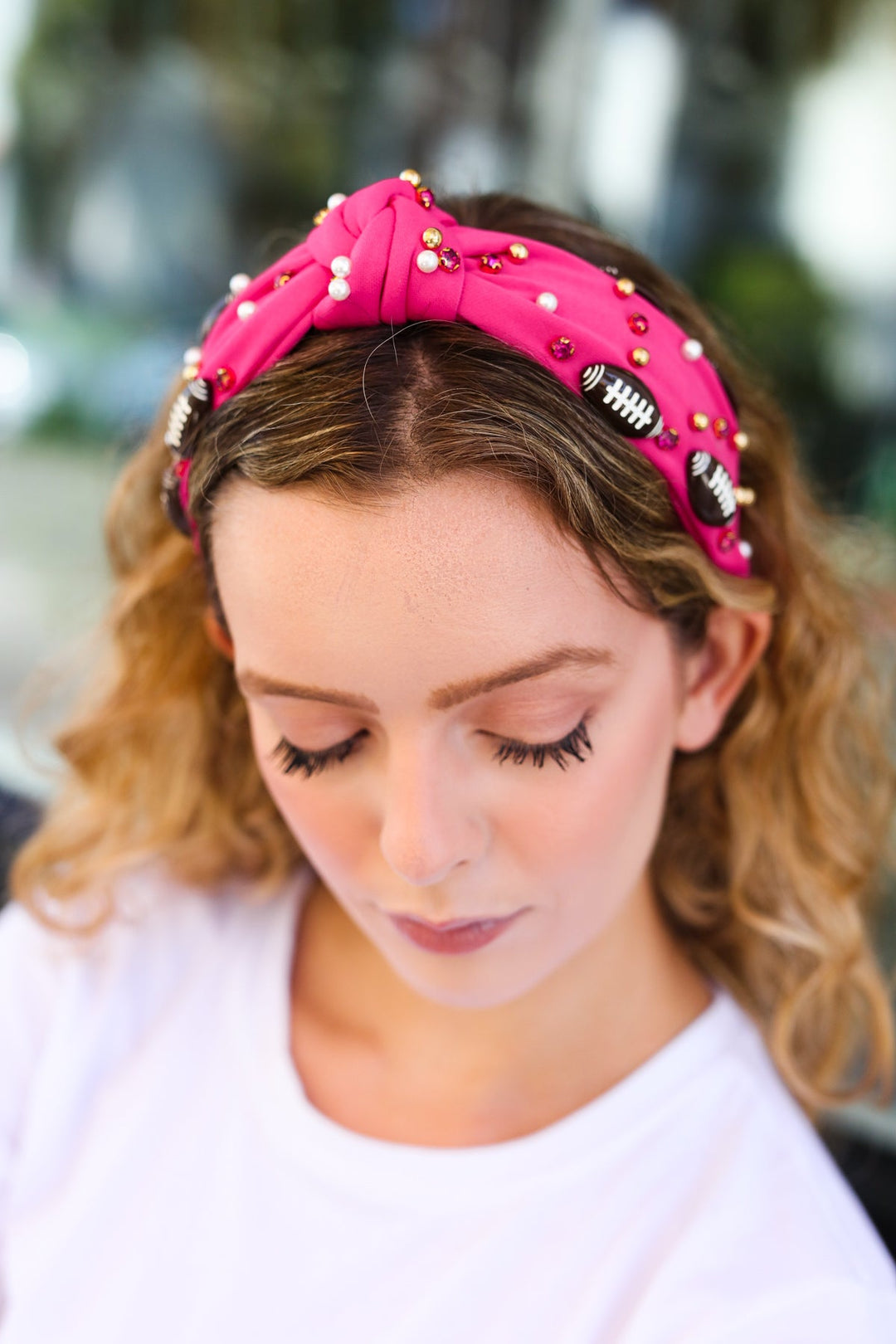 Fuchsia Stone & Gem Football Embellished Top Knot Headband-Jane Ruth-One Size Fits All-[option4]-[option5]-[option6]-[option7]-[option8]-Shop-Boutique-Clothing-for-Women-Online