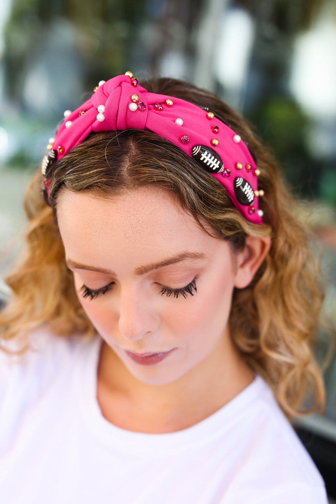 Fuchsia Stone & Gem Football Embellished Top Knot Headband-Jane Ruth-One Size Fits All-[option4]-[option5]-[option6]-[option7]-[option8]-Shop-Boutique-Clothing-for-Women-Online