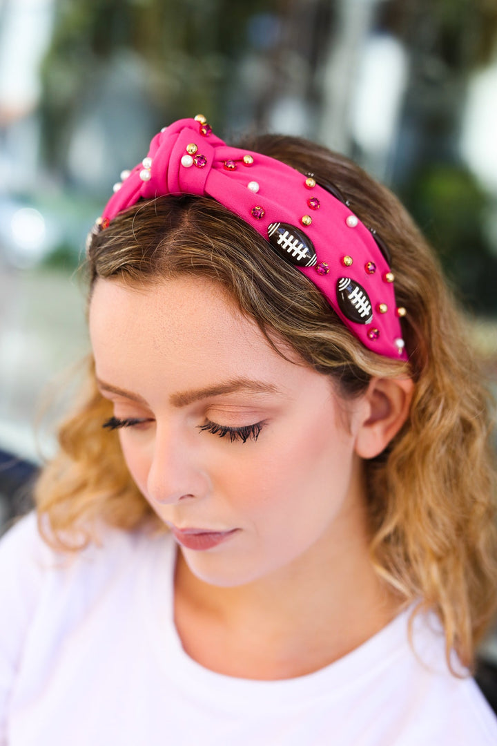 Fuchsia Stone & Gem Football Embellished Top Knot Headband-Jane Ruth-One Size Fits All-[option4]-[option5]-[option6]-[option7]-[option8]-Shop-Boutique-Clothing-for-Women-Online