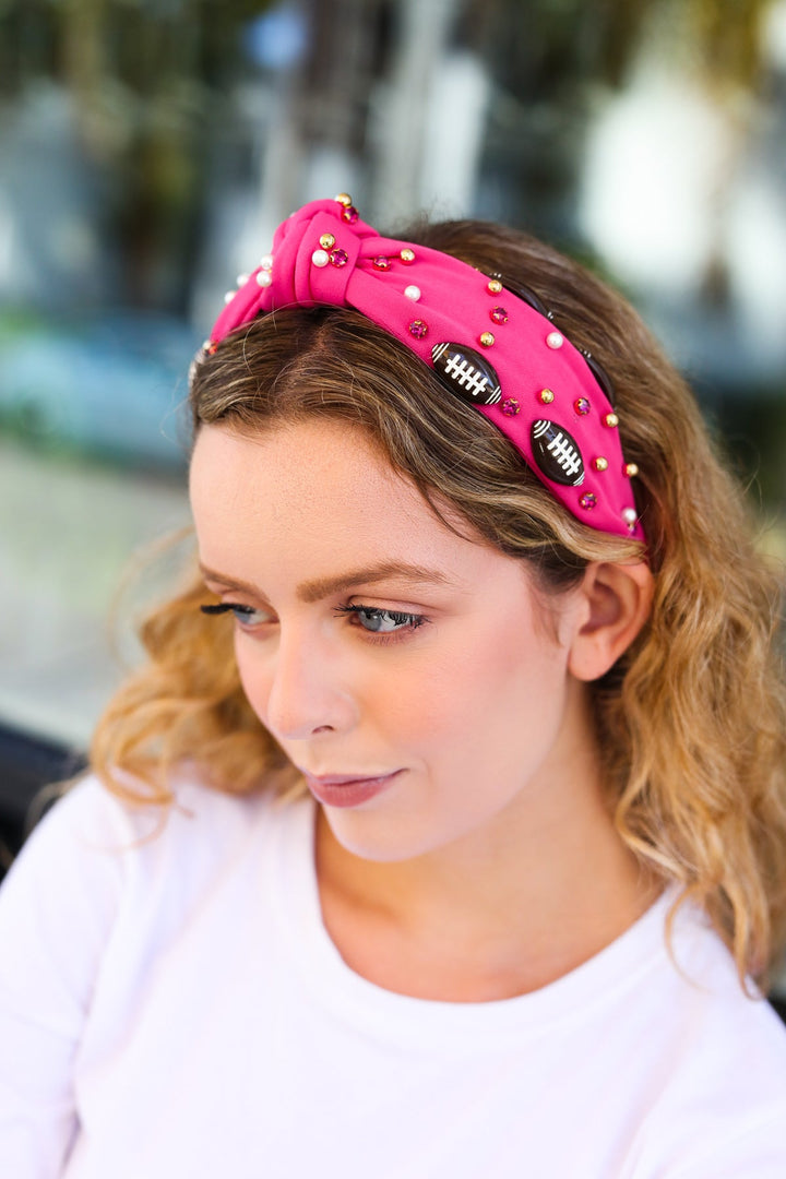 Fuchsia Stone & Gem Football Embellished Top Knot Headband-Jane Ruth-One Size Fits All-[option4]-[option5]-[option6]-[option7]-[option8]-Shop-Boutique-Clothing-for-Women-Online