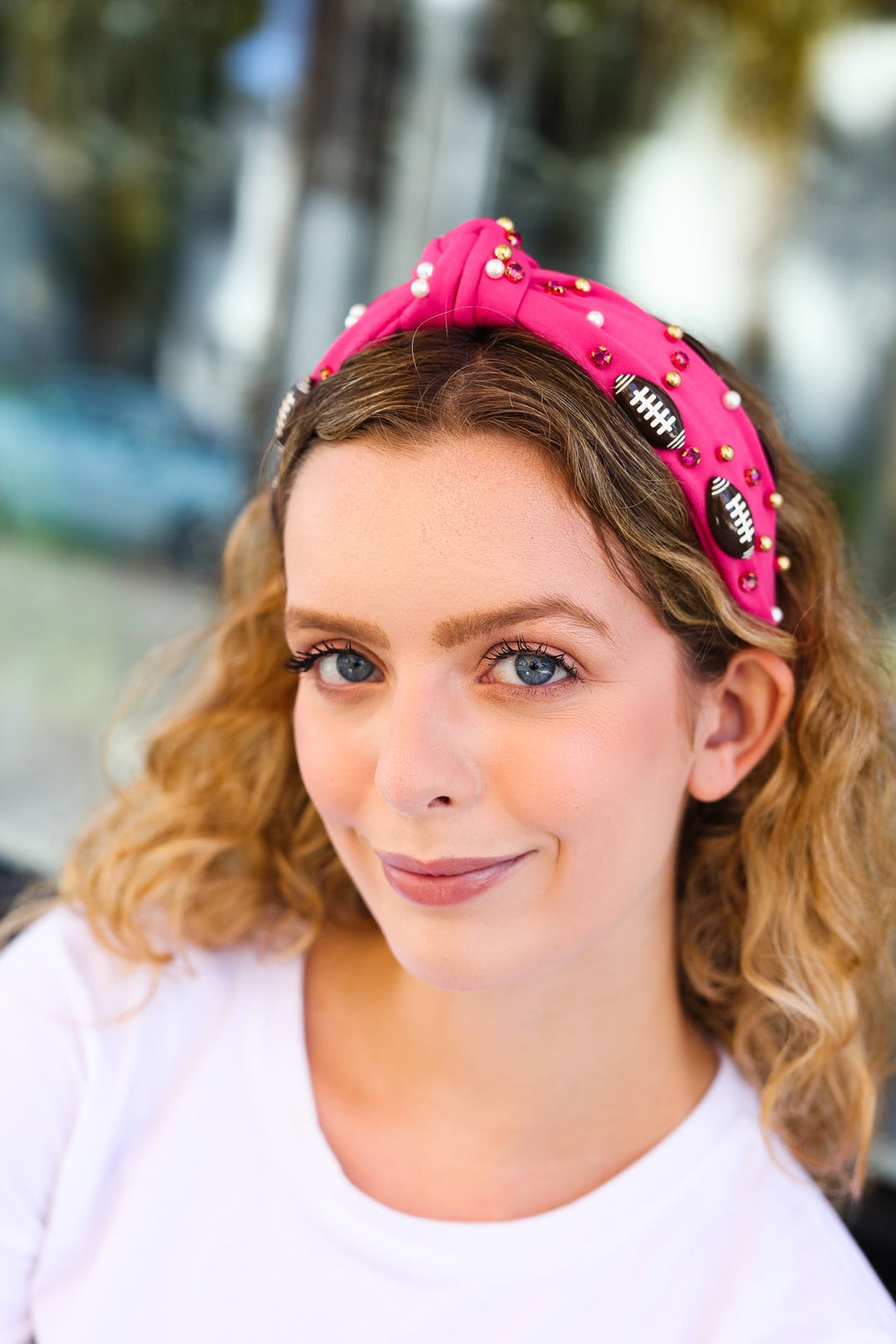 Fuchsia Stone & Gem Football Embellished Top Knot Headband-Jane Ruth-One Size Fits All-[option4]-[option5]-[option6]-[option7]-[option8]-Shop-Boutique-Clothing-for-Women-Online