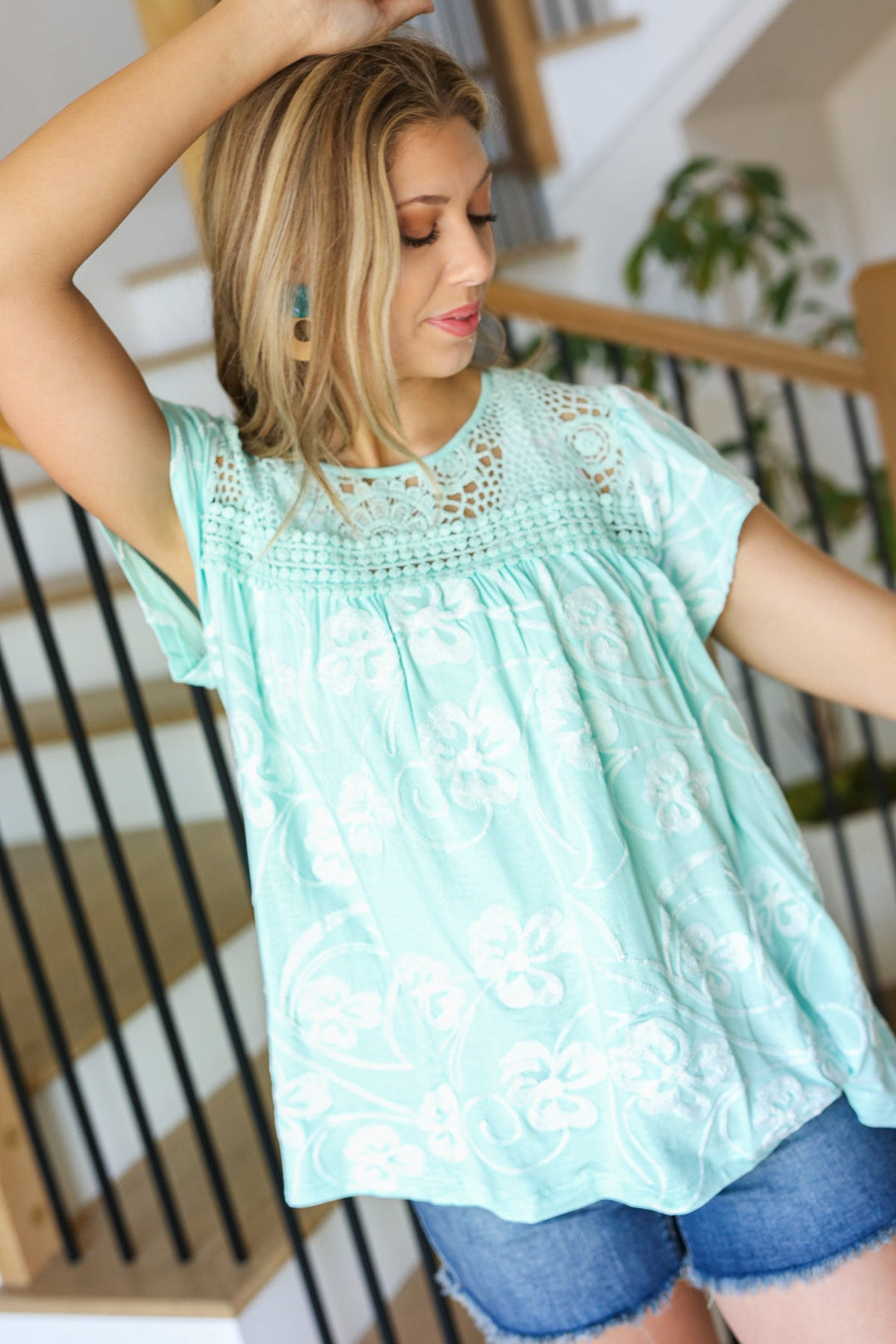 Lovely In Aqua Embroidered Flutter Sleeve Woven Top-Liv Los Angeles-[option4]-[option5]-[option6]-[option7]-[option8]-Shop-Boutique-Clothing-for-Women-Online