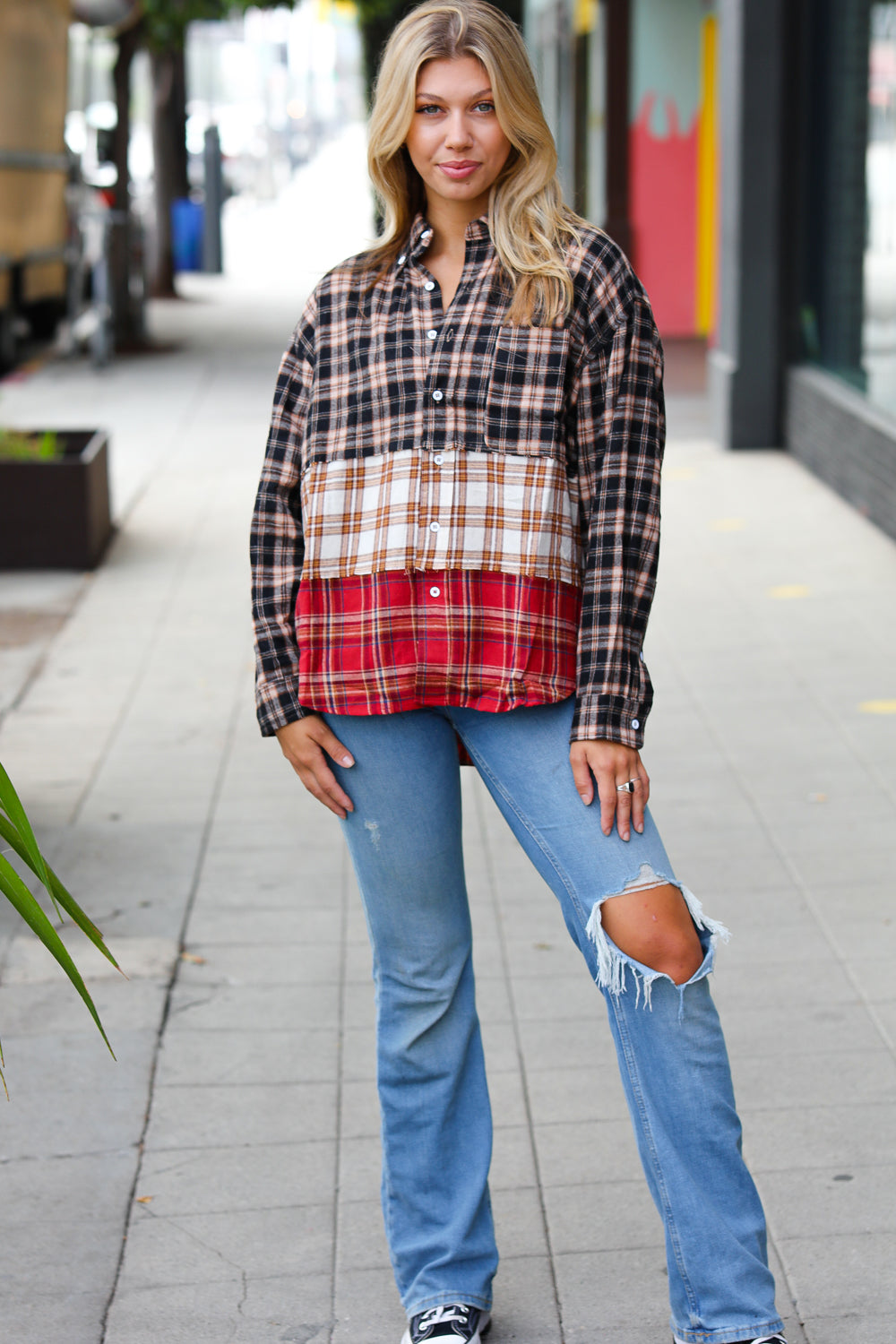 Sugarfox Taupe & Red Plaid Color Block Shacket-SugarFox-[option4]-[option5]-[option6]-[option7]-[option8]-Shop-Boutique-Clothing-for-Women-Online