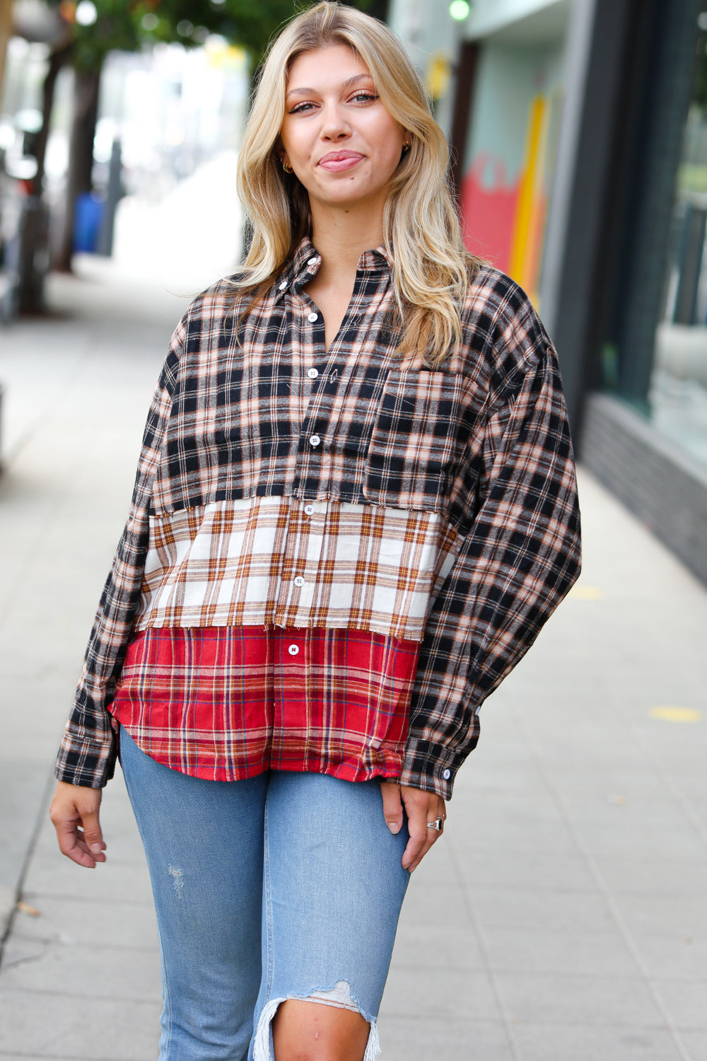 Sugarfox Taupe & Red Plaid Color Block Shacket-SugarFox-[option4]-[option5]-[option6]-[option7]-[option8]-Shop-Boutique-Clothing-for-Women-Online