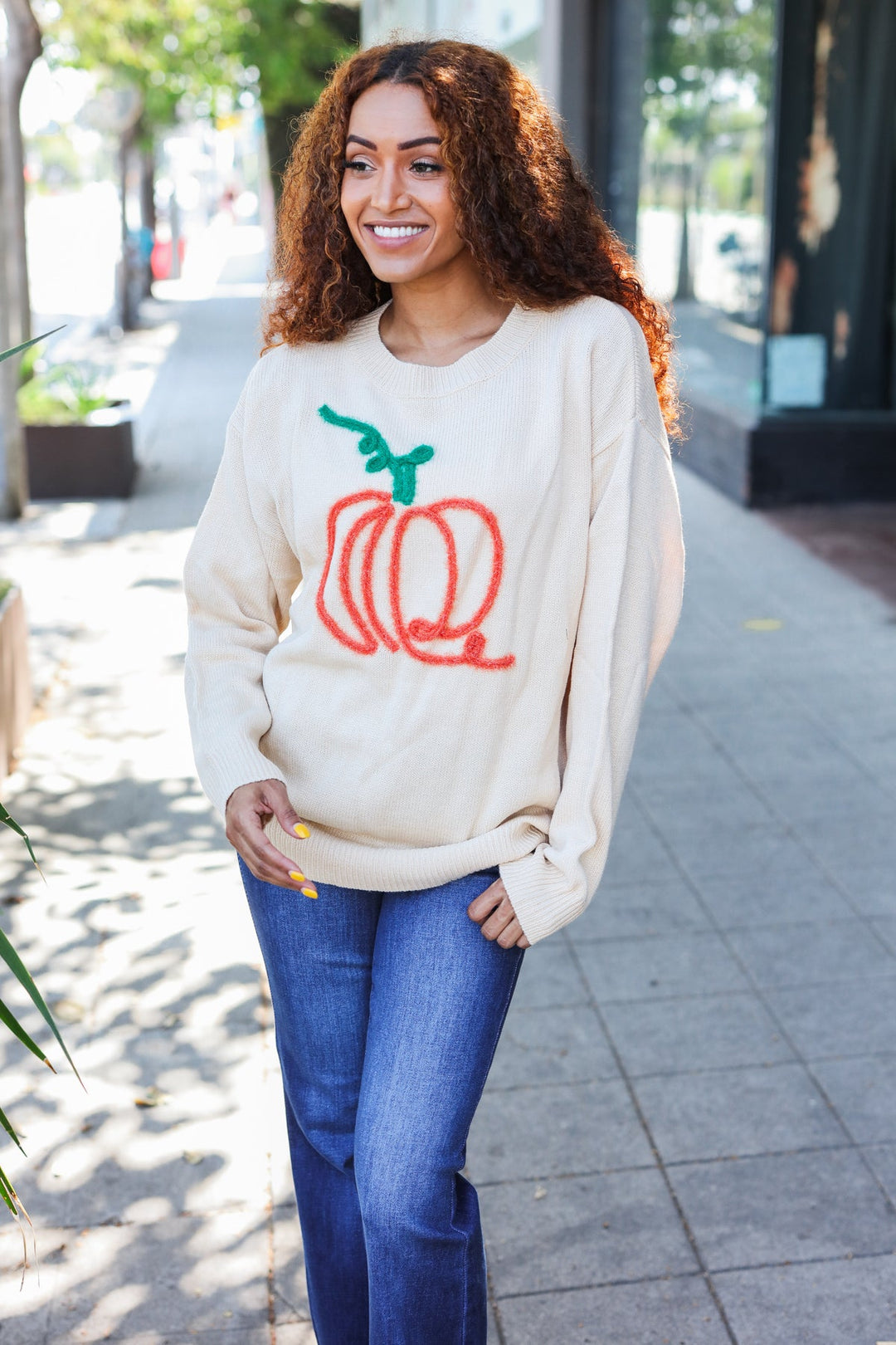 Taupe Embroidered Pumpkin Oversized Sweater-Haptics-[option4]-[option5]-[option6]-[option7]-[option8]-Shop-Boutique-Clothing-for-Women-Online