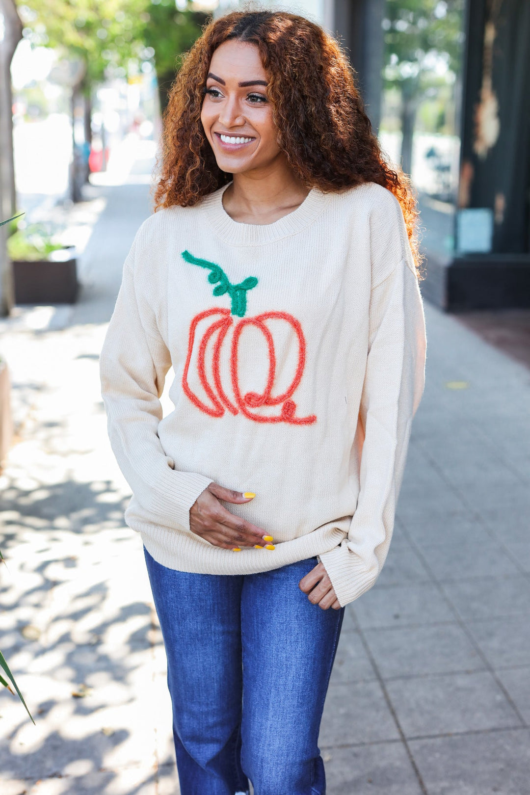 Taupe Embroidered Pumpkin Oversized Sweater-Haptics-[option4]-[option5]-[option6]-[option7]-[option8]-Shop-Boutique-Clothing-for-Women-Online