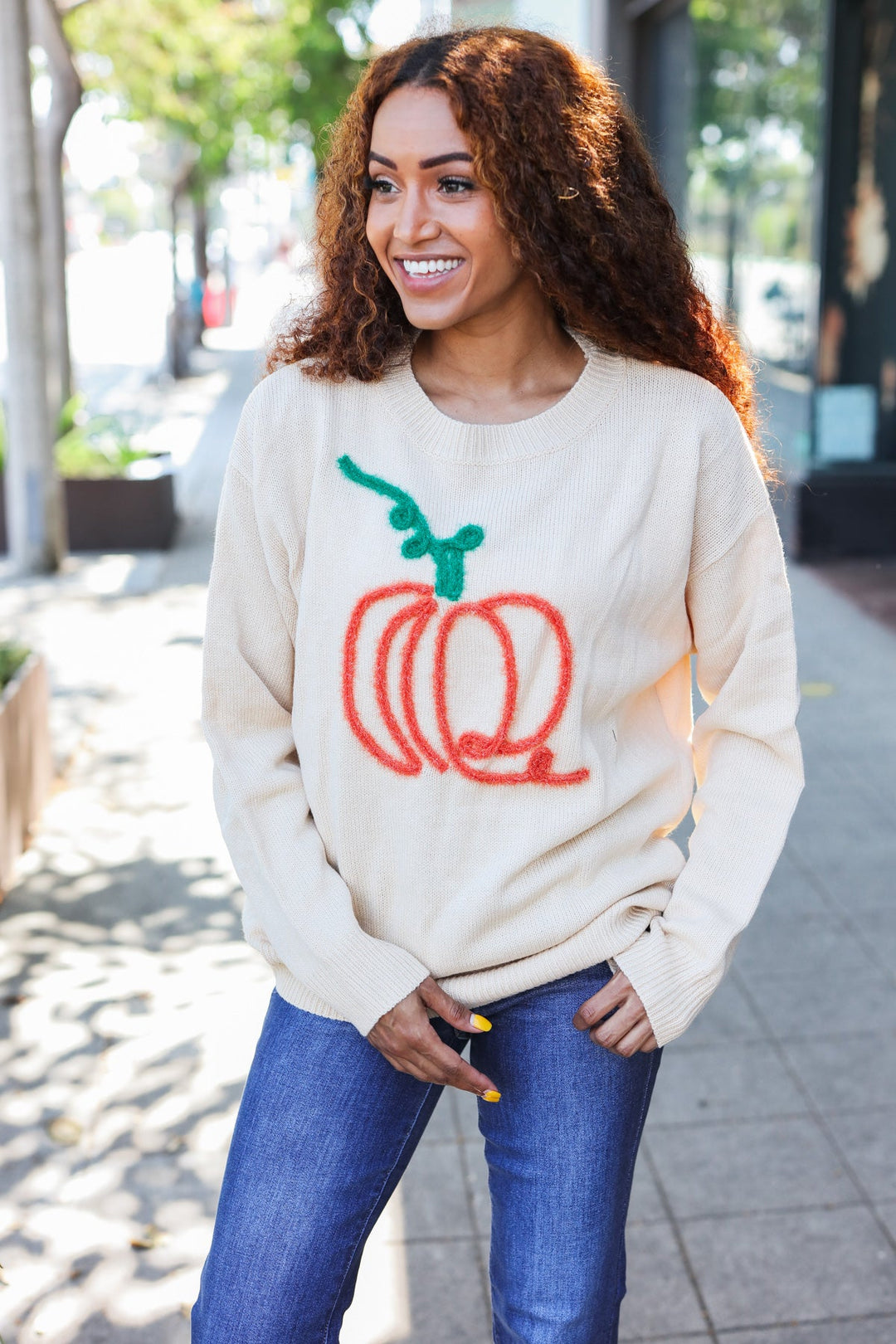 Taupe Embroidered Pumpkin Oversized Sweater-Haptics-[option4]-[option5]-[option6]-[option7]-[option8]-Shop-Boutique-Clothing-for-Women-Online