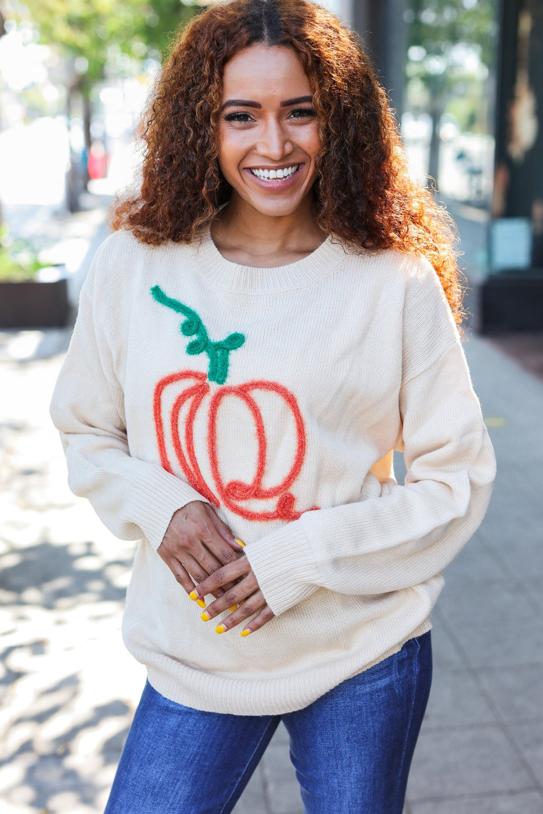 Taupe Embroidered Pumpkin Oversized Sweater-Haptics-[option4]-[option5]-[option6]-[option7]-[option8]-Shop-Boutique-Clothing-for-Women-Online