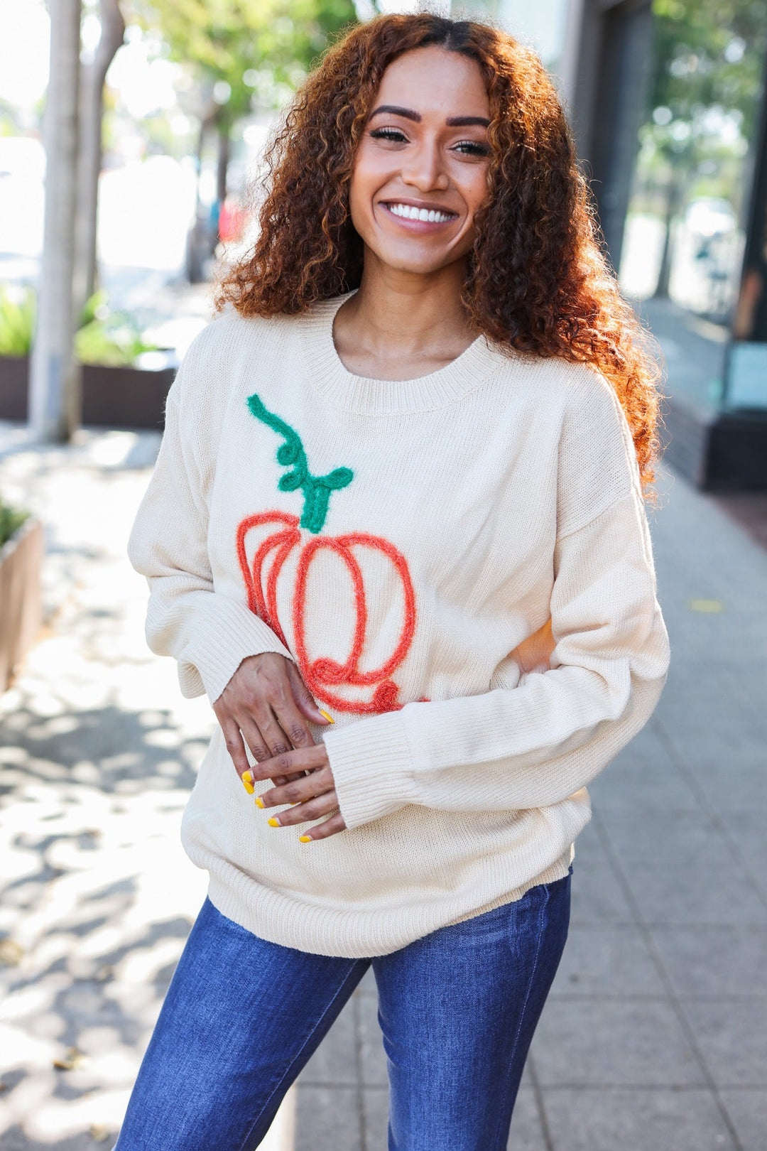 Taupe Embroidered Pumpkin Oversized Sweater-Haptics-[option4]-[option5]-[option6]-[option7]-[option8]-Shop-Boutique-Clothing-for-Women-Online