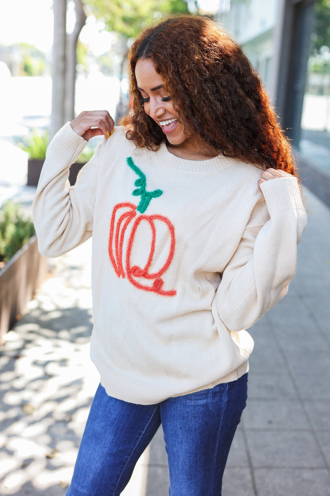 Taupe Embroidered Pumpkin Oversized Sweater-Haptics-[option4]-[option5]-[option6]-[option7]-[option8]-Shop-Boutique-Clothing-for-Women-Online