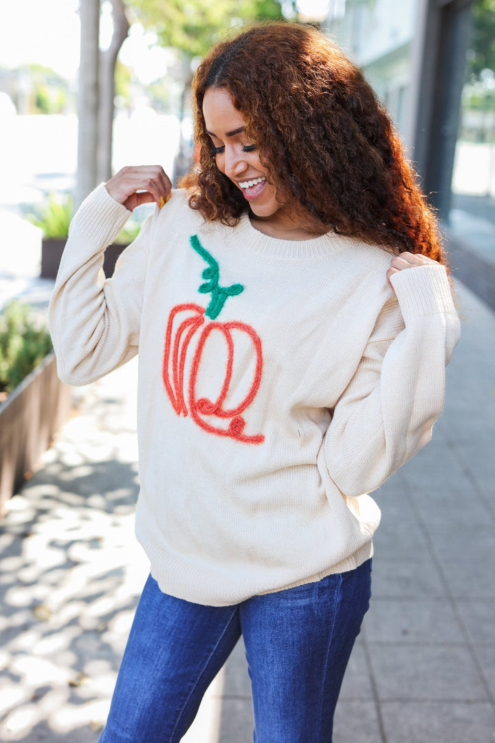 Taupe Embroidered Pumpkin Oversized Sweater-Haptics-[option4]-[option5]-[option6]-[option7]-[option8]-Shop-Boutique-Clothing-for-Women-Online