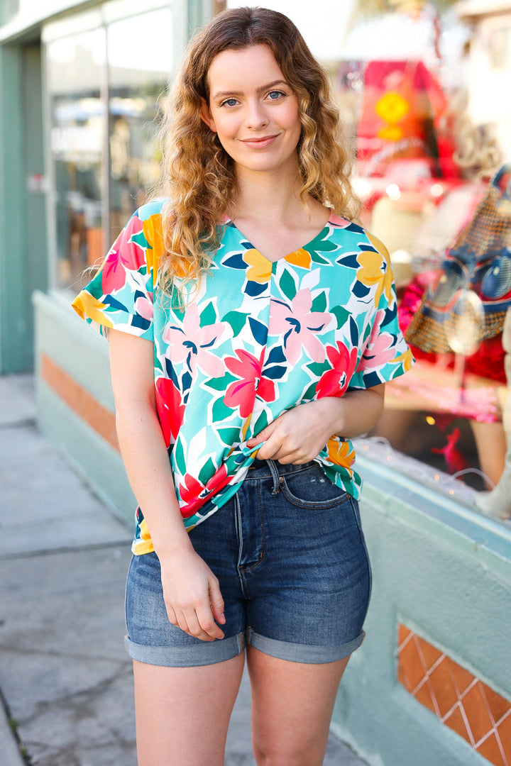 Teal & Coral Flat Floral V Neck Top-Haptics-[option4]-[option5]-[option6]-[option7]-[option8]-Shop-Boutique-Clothing-for-Women-Online