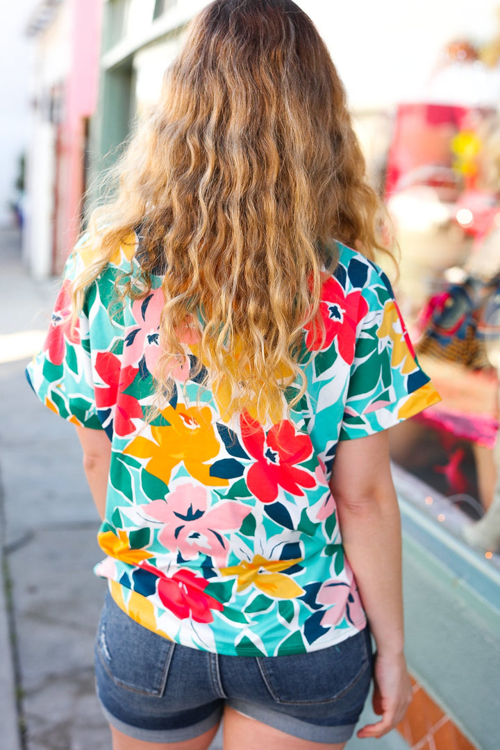 Teal & Coral Flat Floral V Neck Top-Haptics-[option4]-[option5]-[option6]-[option7]-[option8]-Shop-Boutique-Clothing-for-Women-Online