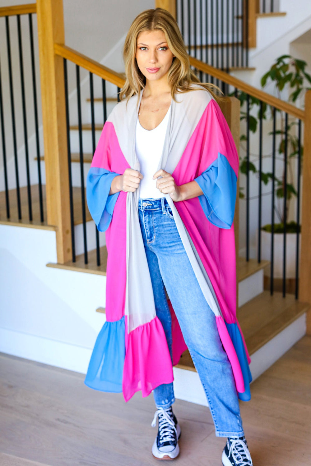 Taupe & Fuchsia Color Block Ruffle Hem Kimono-Haptics-[option4]-[option5]-[option6]-[option7]-[option8]-Shop-Boutique-Clothing-for-Women-Online