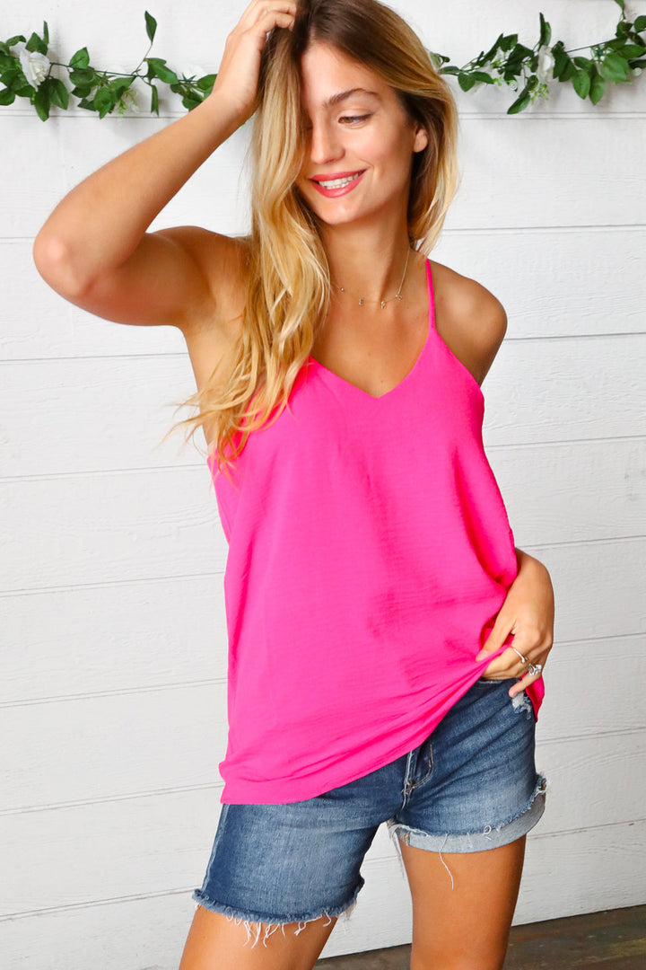 Hot Pink Adjustable Strap V Neck Lined Cami-Zenana-[option4]-[option5]-[option6]-[option7]-[option8]-Shop-Boutique-Clothing-for-Women-Online